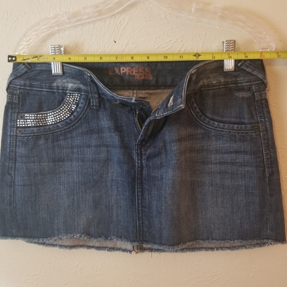 Express Dark Wash Rhinestone Bling Denim Micro Mini Skirt Raw Hem Y2K - Picture 7 of 9